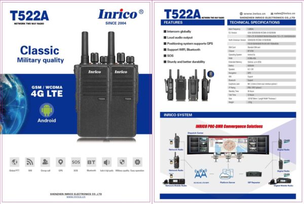 Inrico T522A 4G LTE Zello Network Radio Military Quality NFC Function with 4800mAh