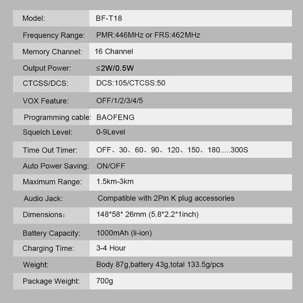 2pcs/lot Baofeng BF-T18 PMR 446 FRS Licence Free Dual PTT USB Portable Two-way Radio - Image 6