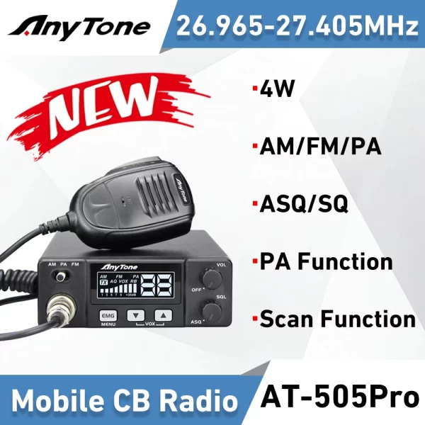 New Anytone AT-505Pro CB Car Radio 26.965-27.405MHz 4W 40Channels AM/FM/PA Scan Function ASQ/SQ/VOX Mobile Transceiver