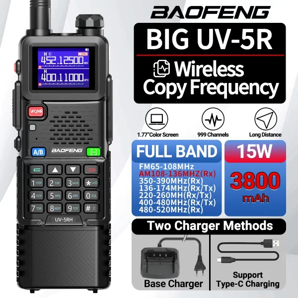 Baofeng UV-5RH PRO MAX Air Band Walkie Talkie 3800mAh Wireless Copy Frequency Multi Band Type-C for UV-5R Long Range Ham Radio