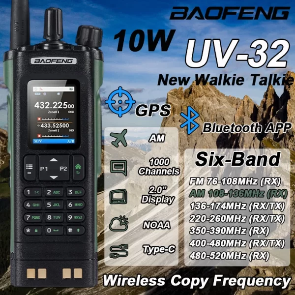 New BAOFENG UV-32 Walkie Talkie GPS 10W Bluetooth APP Programming Multi Band Wireless Copy Frequency Type-C UV32 Ham 2 Way Radio