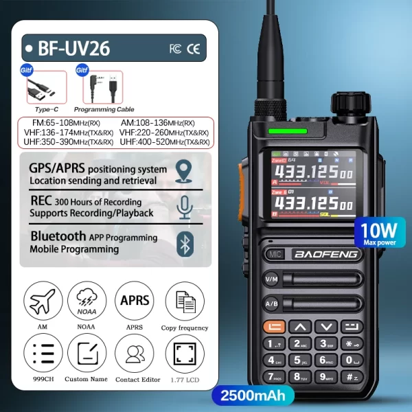 Baofeng UV26 GPS APSR Multi Band Bluetooth Programming Recording Wirless Copy Frequency Type-C Long Range Two Way Radio