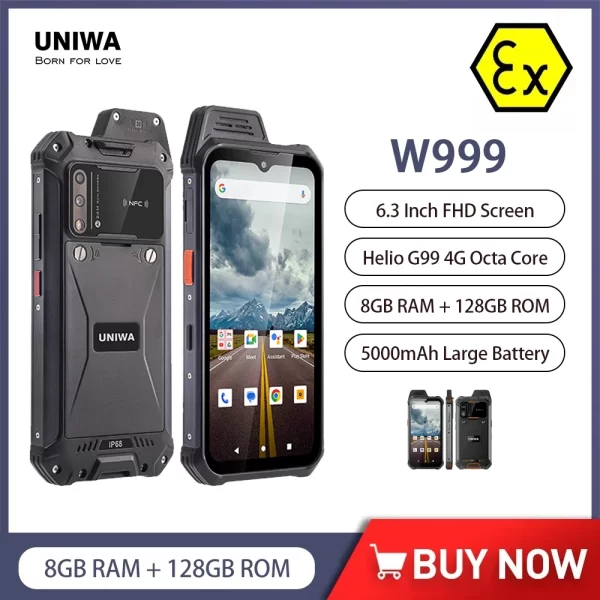 UNIWA W999 ATEX Rugged 4G Zello Realptt Phone Explosion-proof  6.3 inch FHD LCD 8GB 128GB Andriod 11 IP68 Waterproof 5000mAh NFC Cellphone