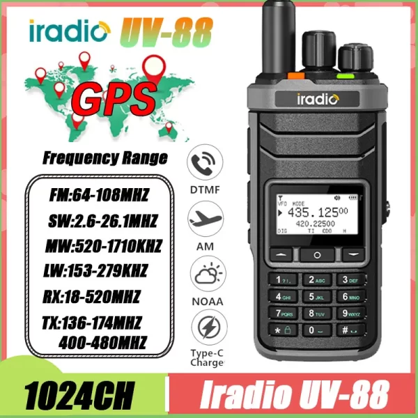 Iradio UV-88 GPS Handheld Radio Shortwave UV88 Type-C Charging 18-520mhz Receiving NOAA 1024 Channel Frequency Channel Scan
