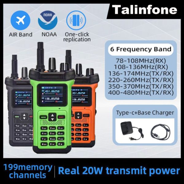 Real 20W Newest Handheld Walkie Talkie Air Band NOAA One-click replication 6 bands VHF UHF 199CHS 10800 Battery