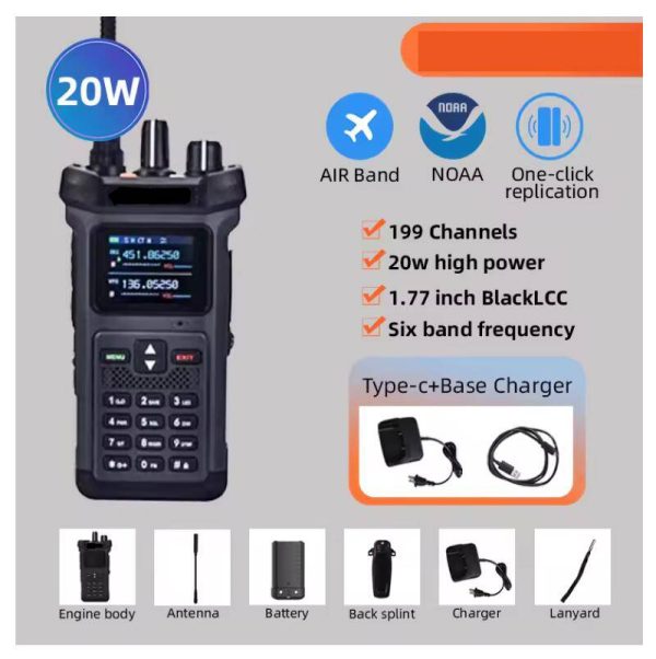 Real 20W Newest Handheld Walkie Talkie Air Band NOAA One-click replication 6 bands VHF UHF 199CHS 10800 Battery - Image 2