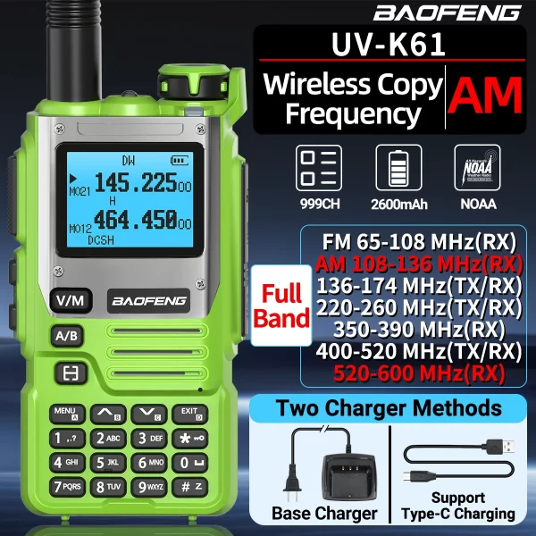 Baofeng UV-K61 Green Walkie Talkie Air Band Wireless Copy Frequency Type-C Full Band UHF VHF DTMF NOAA UV-5R Upgraded UV-K6 Ham Radio