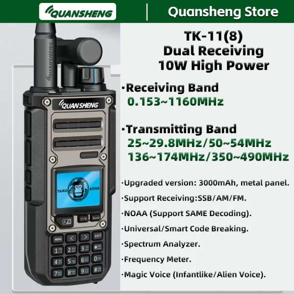 Quansheng TK11(8) Walkie Talkie 10W Dual Receiving PTT HF AM SSB 27MHz CB CW LSB LW MW SW Type-C NOAA for UV-K5 8 Ham Radio TK-11