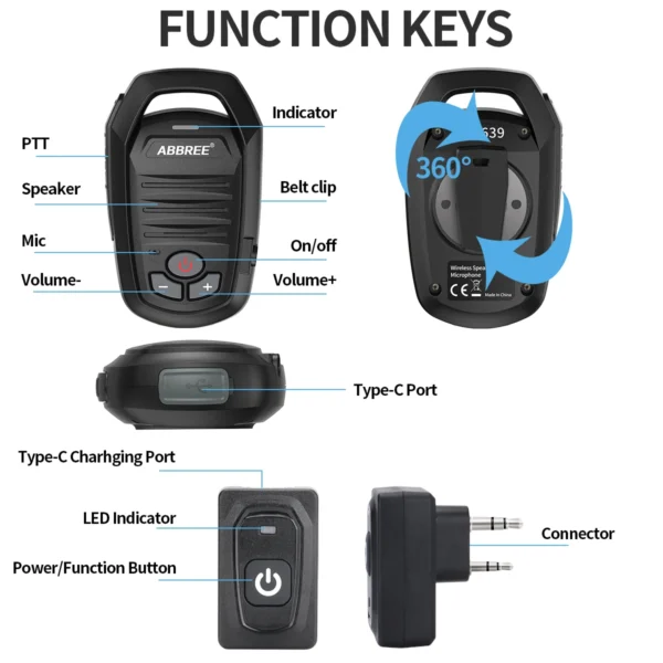 ABBREE AR-639 Wireless Bluetooth Microphone Handheld Type-C Speaker For Baofeng UV-5R UV-21R UV-32 Quansheng TK11 Walkie Talkie - Image 6