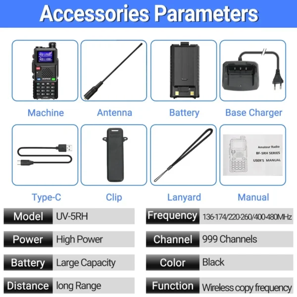 Baofeng UV-5RH 10W Wirless Copy Frequency Walkie Talkie 999CH USB Type-C Charger Transceiver Ham Two Way Radio - Image 6