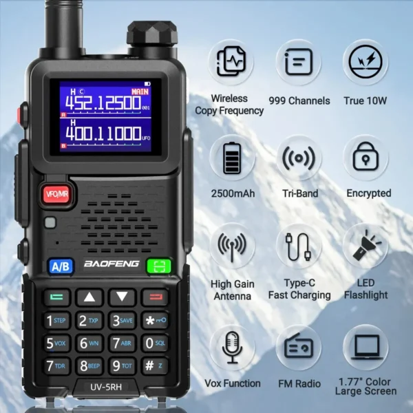Baofeng UV-5RH 10W Wirless Copy Frequency Walkie Talkie 999CH USB Type-C Charger Transceiver Ham Two Way Radio - Image 5