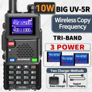Baofeng UV-5RH 10W Wirless Copy Frequency Walkie Talkie 999CH USB Type-C Charger Transceiver Ham Two Way Radio