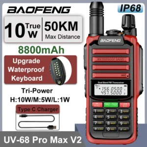 Baofeng UV-68 Pro Max V2 IP68 Red Waterproof Walkie Talkie 8800mah Battery Type C UHF VHF Dual Band 128 Channels Radios