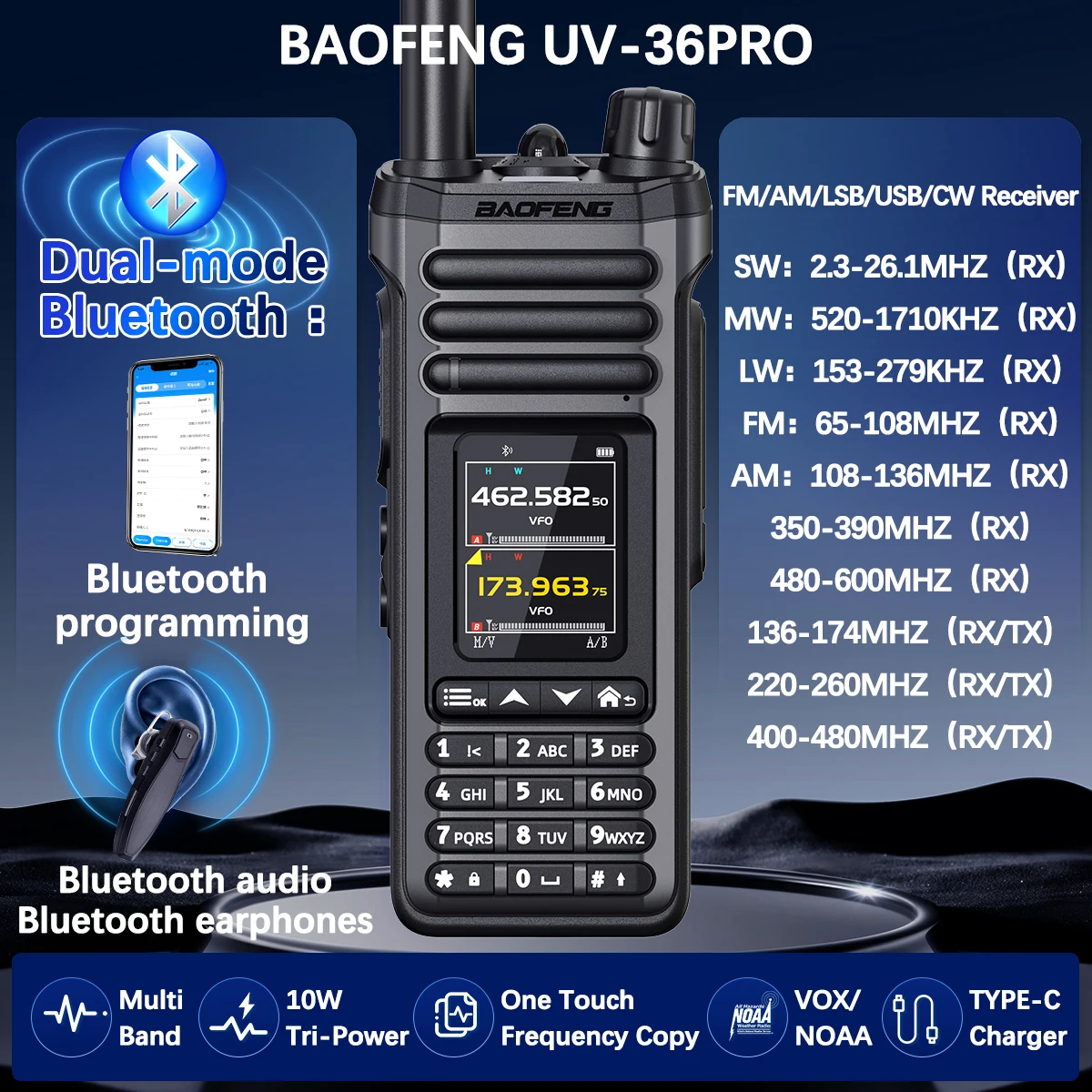 DX King Baofeng UV-36 PRO 10W Ham Radio Bluetooth Program Si4732 AM FM Multi-Band Long Distance UV-32 Upgrade