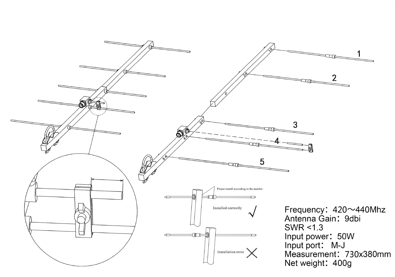 Portable Detachable 5-Element UHF Yagi Antenna Adjustable 420‑450MHz for HAM Radio Repeater Operation - Image 5